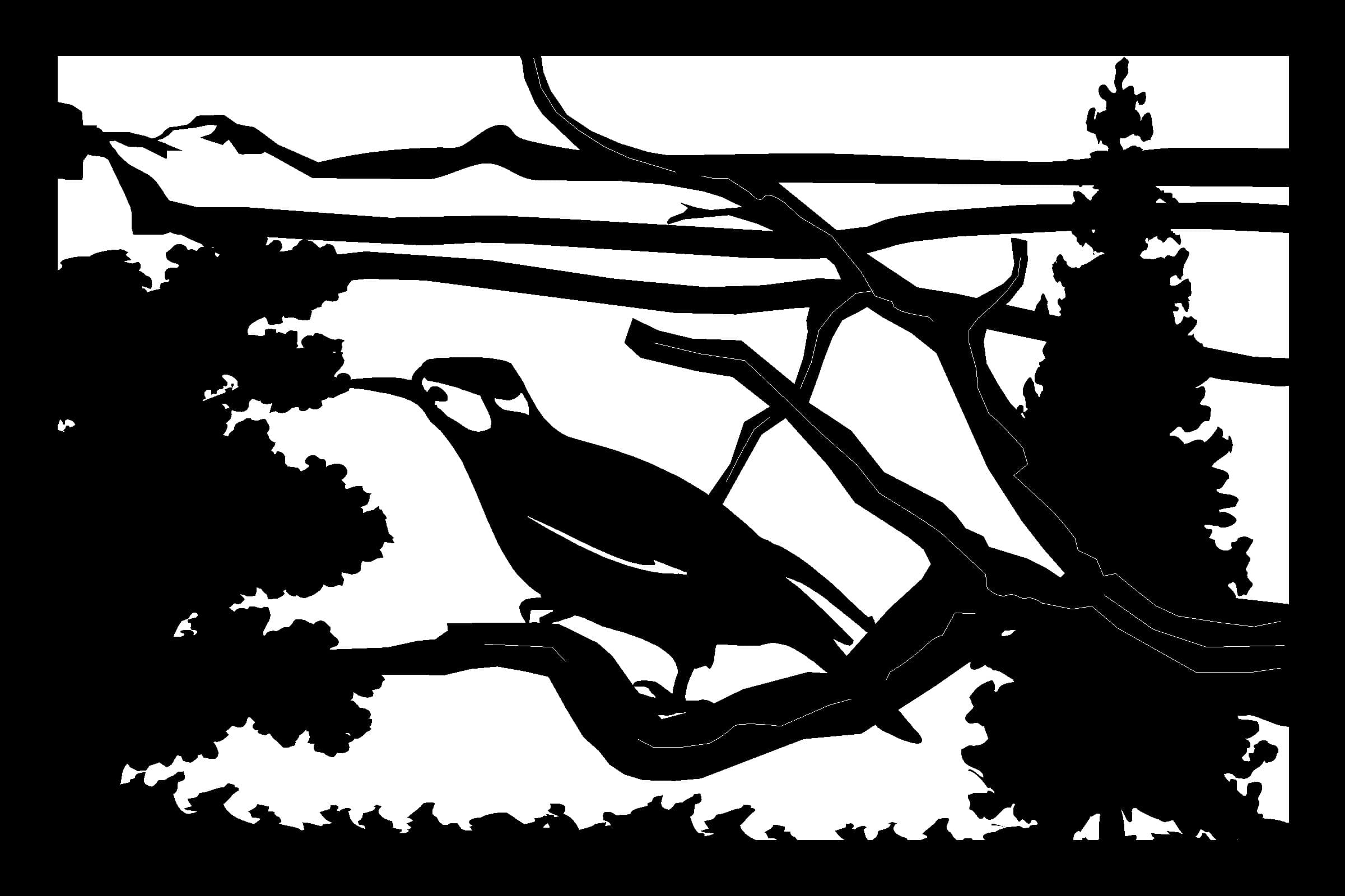 Bird on Tree Branch Mountain Scenery Vector DXF File