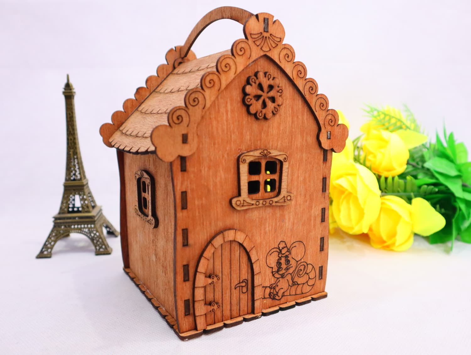 Charming House Gift Box with Handle Laser Cut Vector File