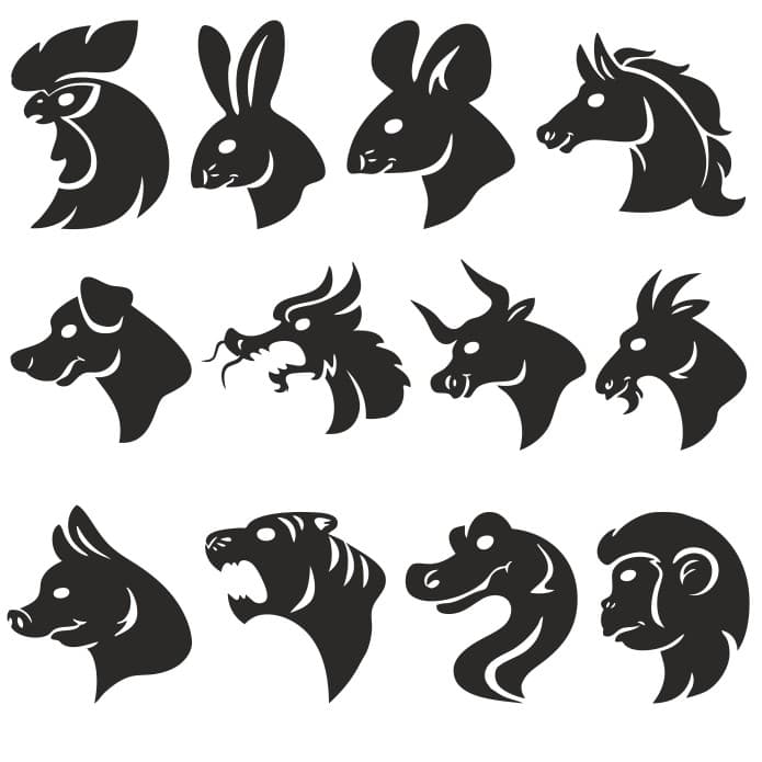 Chinese Zodiac Animals Head Silhouettes Vector DXF