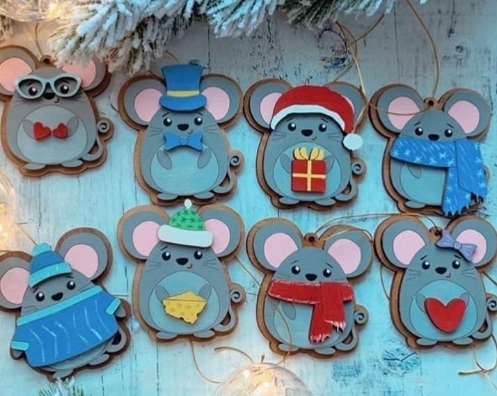 Archivos Vectoriales de Adornos de Navidad Ratones para Corte Láser