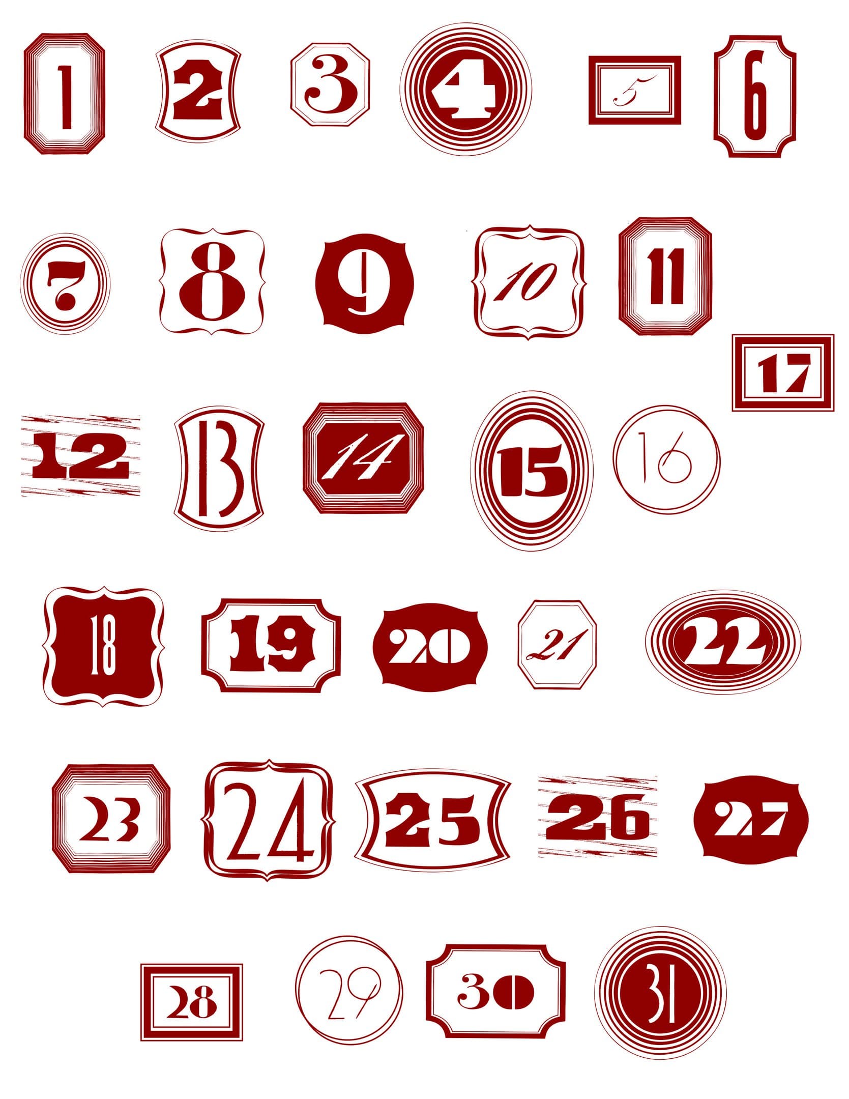 Decorative Number Set 1-31 Vector Files for Laser Cutting