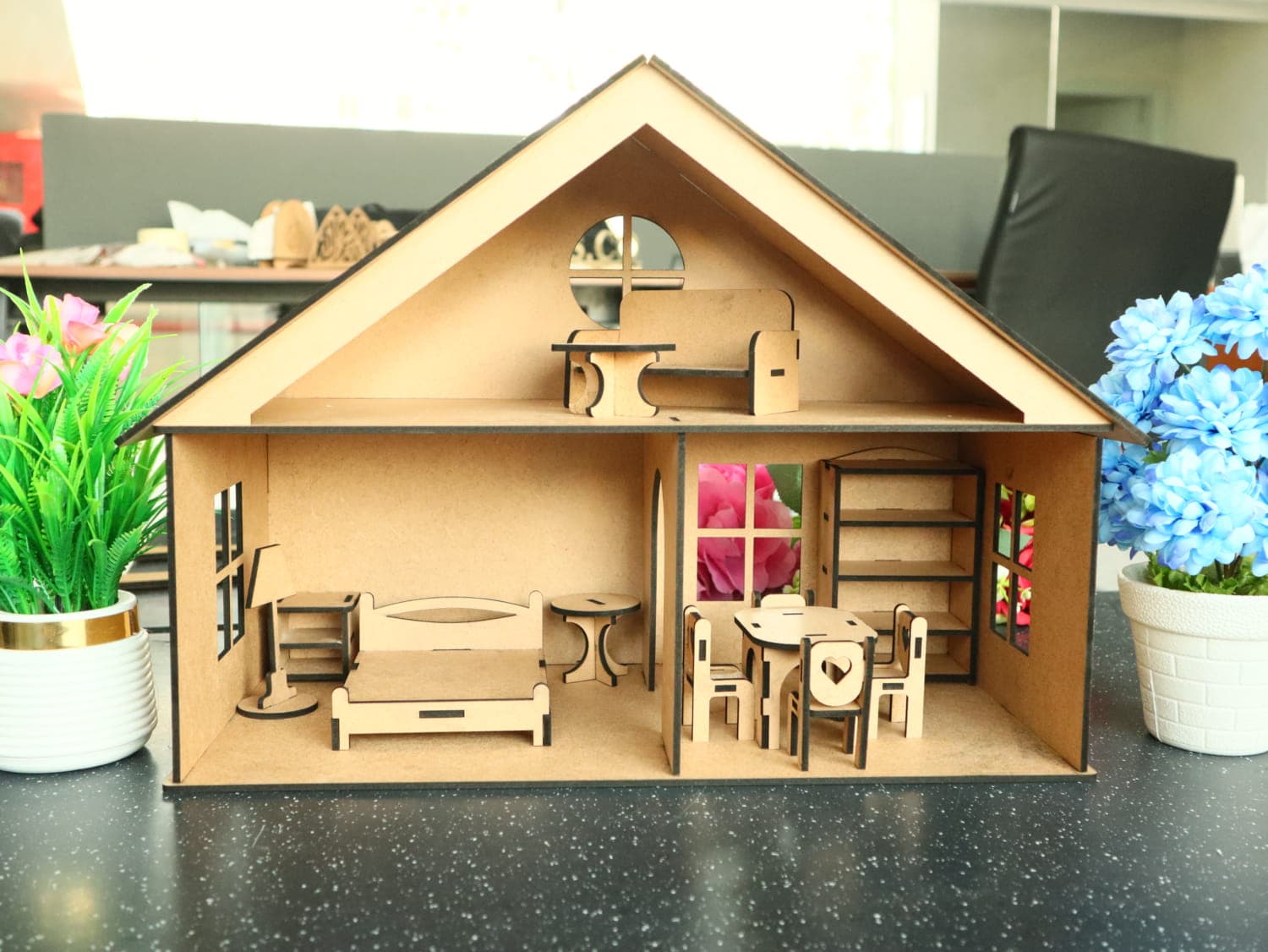 DIY Wooden Dollhouse with Miniature Furniture Laser Cut Vector