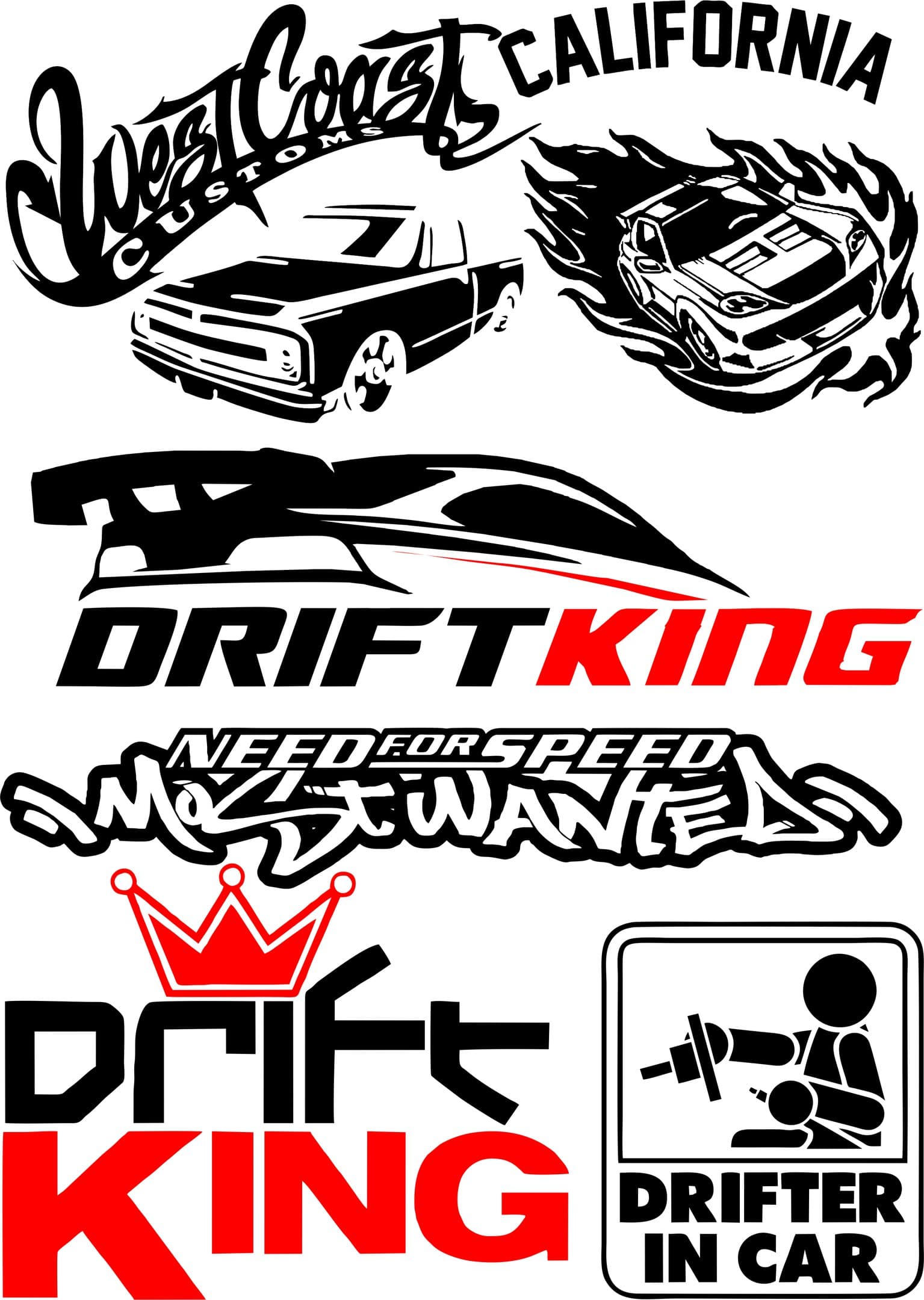 Drift and Racing Car Vinyl Decal Vector Pack for Laser Cutting