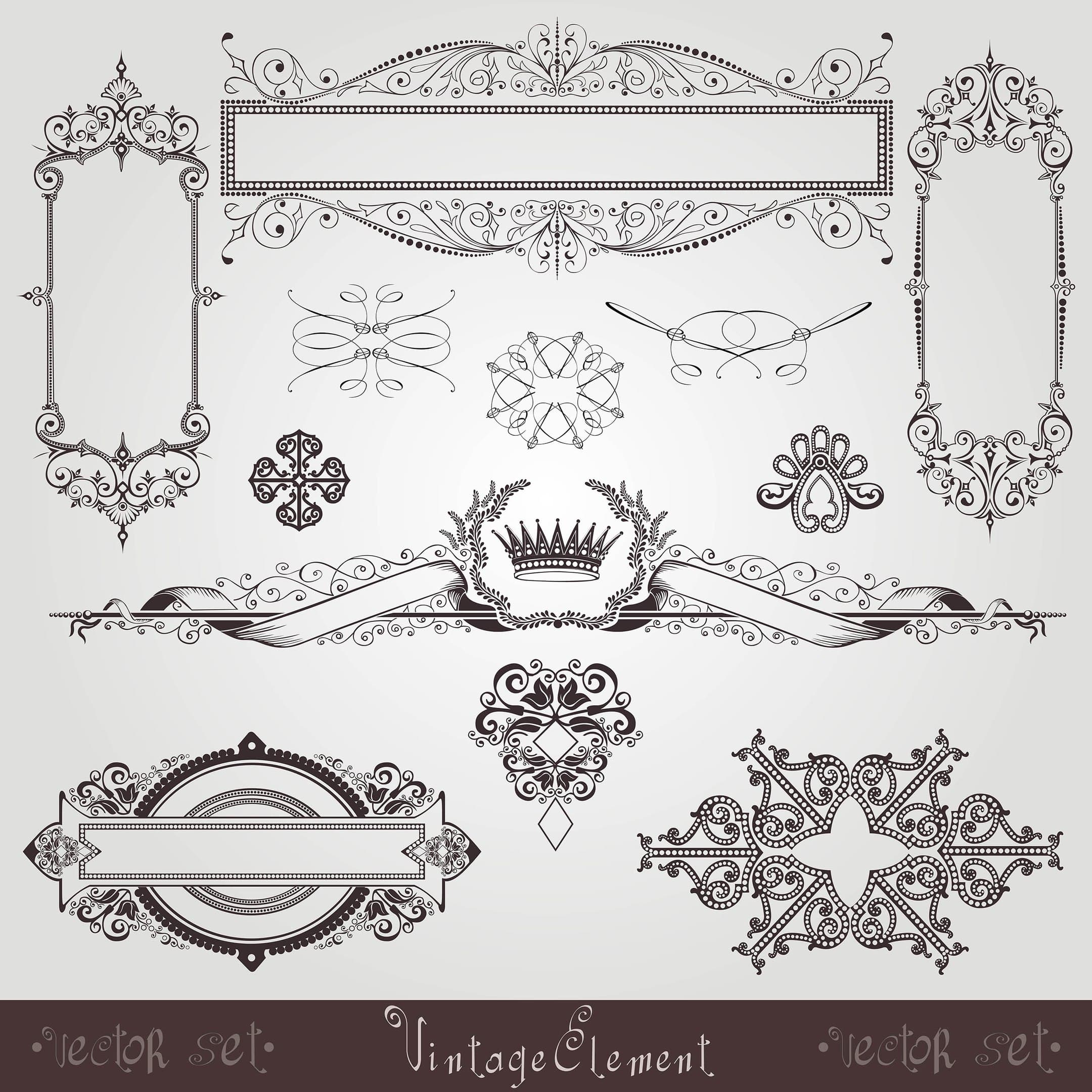 Elegant Vintage Ornamental Frames and Flourish Elements Vector Set