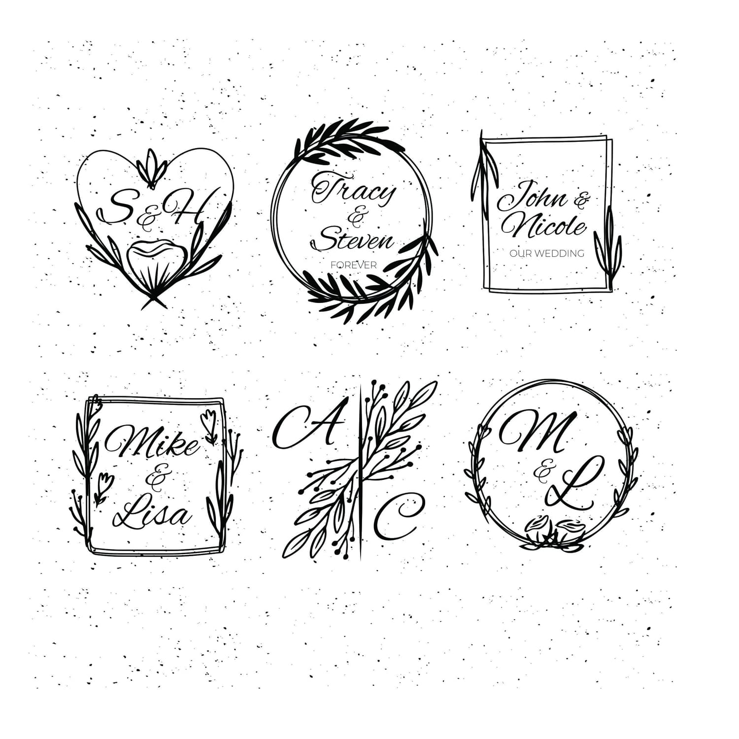 Elegant Wedding Monogram Wreaths Vector Set for Laser Engraving