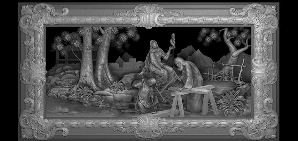 Holy Family Wood Carving Relief STL 3D Model for CNC