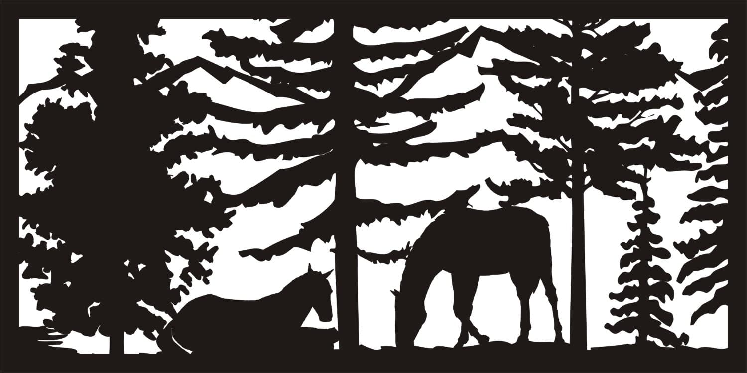 Horses in Forest Landscape Vector Design DXF File