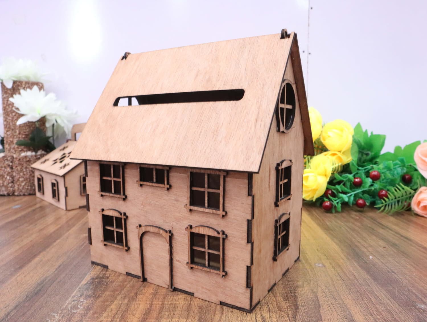 Laser Cut Wooden House Money Box Vector Plan