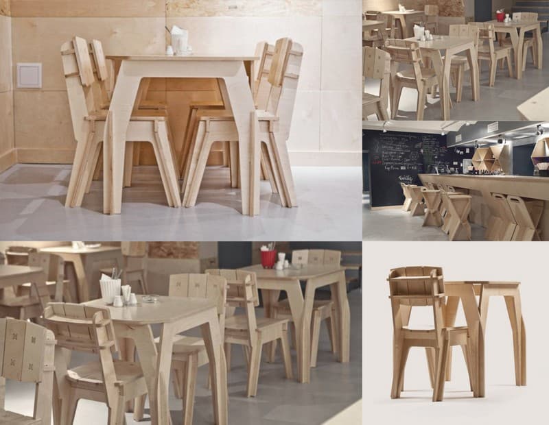 Modern Plywood Cafe Furniture Set Table and Chairs DXF Vector File