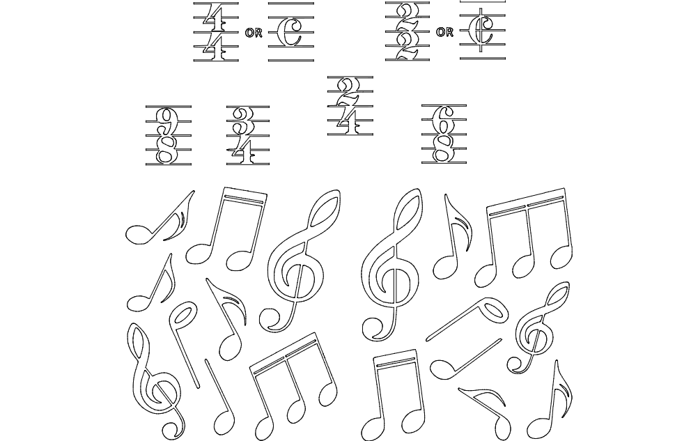 Music Notes and Time Signatures Vector Set DXF for Laser Cutting