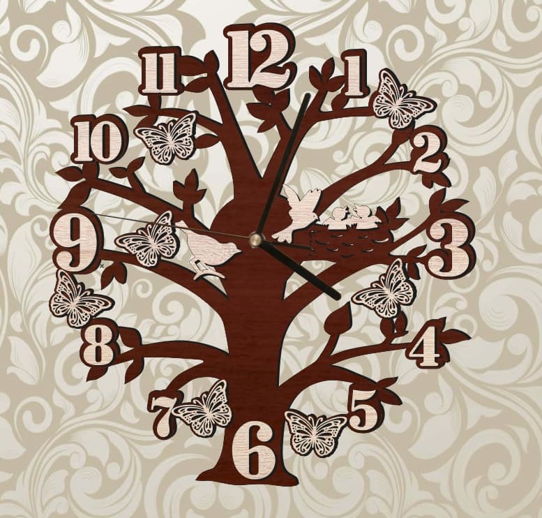 Nature Tree Wall Clock with Birds and Butterflies Laser Cut File