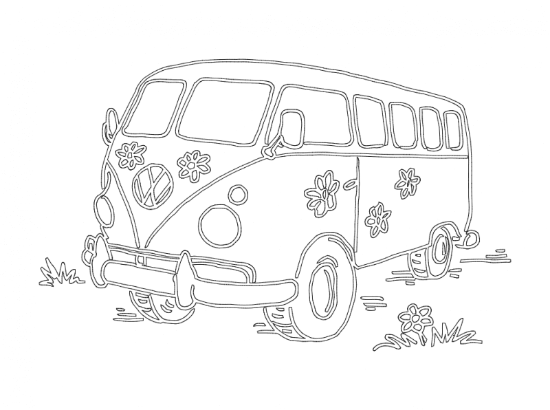 Retro Hippie Flower Power VW Camper Van Vector DXF