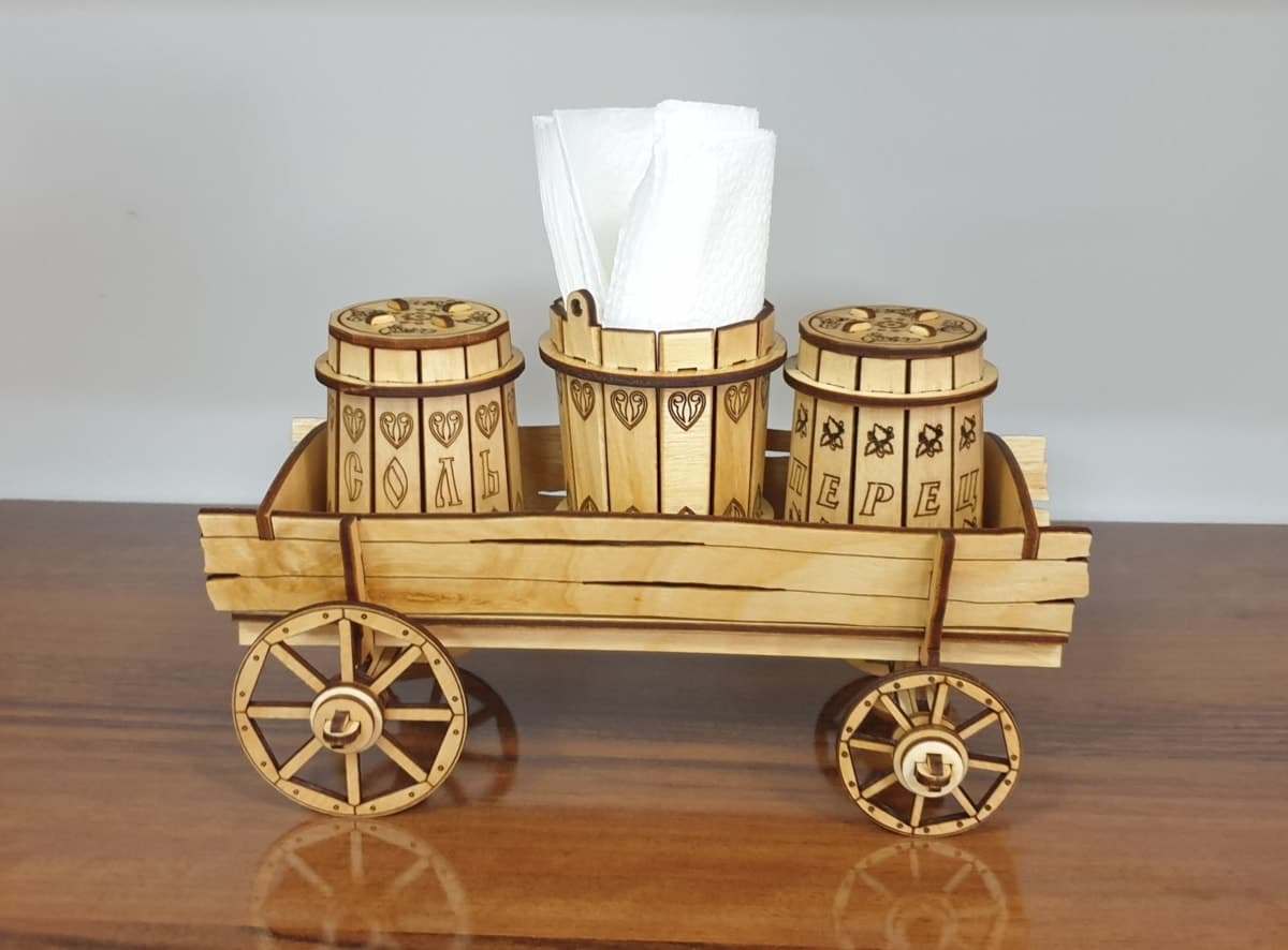Rustic Wooden Cart Napkin Holder and Condiment Set Laser Cut File