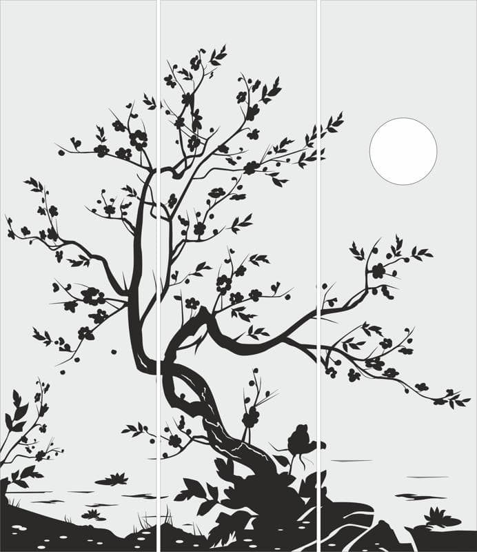 Three-Panel Cherry Blossom Tree Wall Art Laser Cut Vector