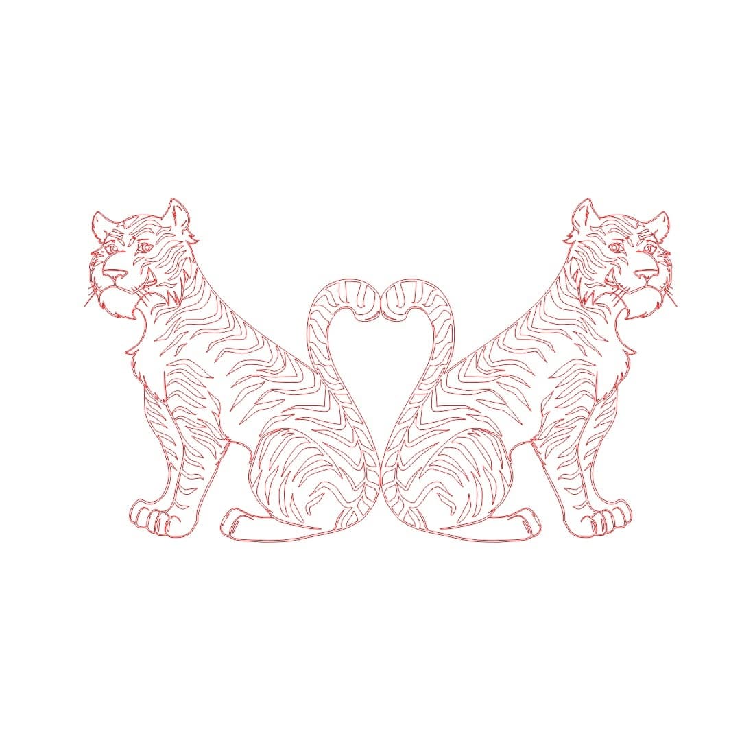 Two Tigers with Heart Tails Vector Design DXF File