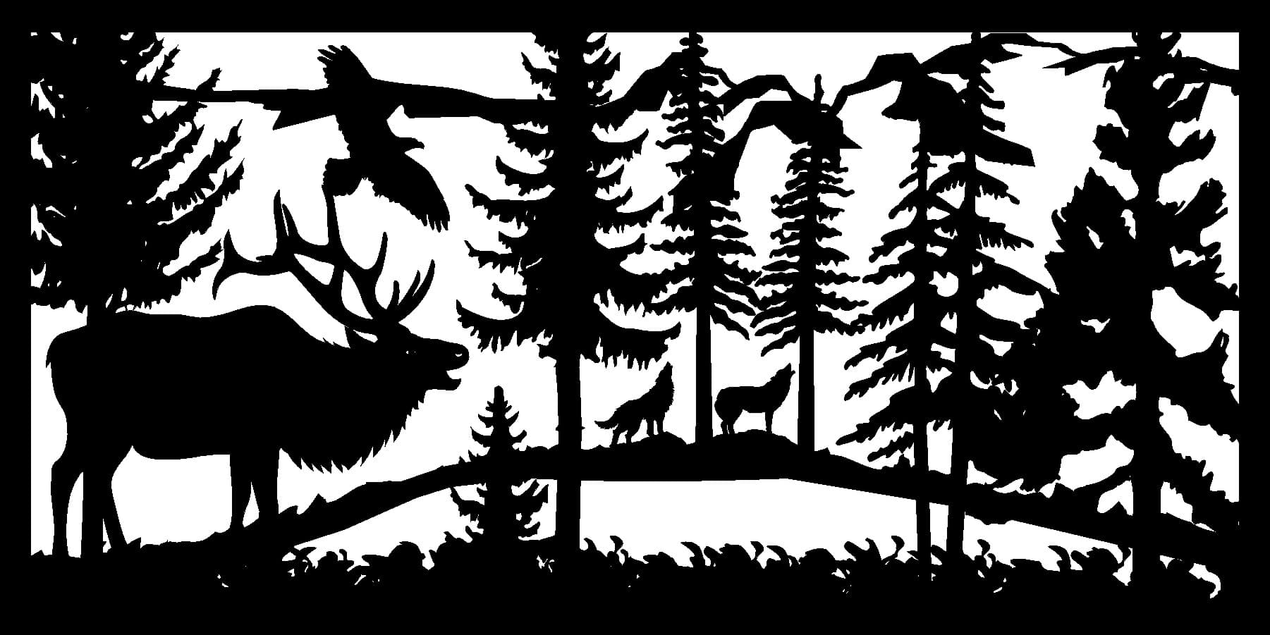 Wildlife Forest Scene with Elk, Eagle, and Wolves DXF Vector File