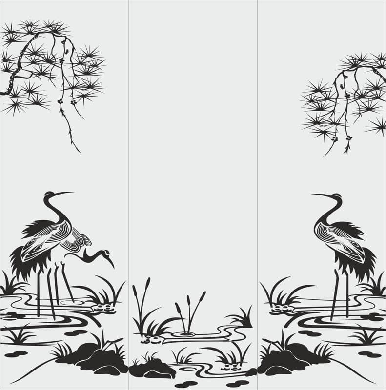 Zen Crane and Pine Tree 3-Panel Decorative Screen Vector