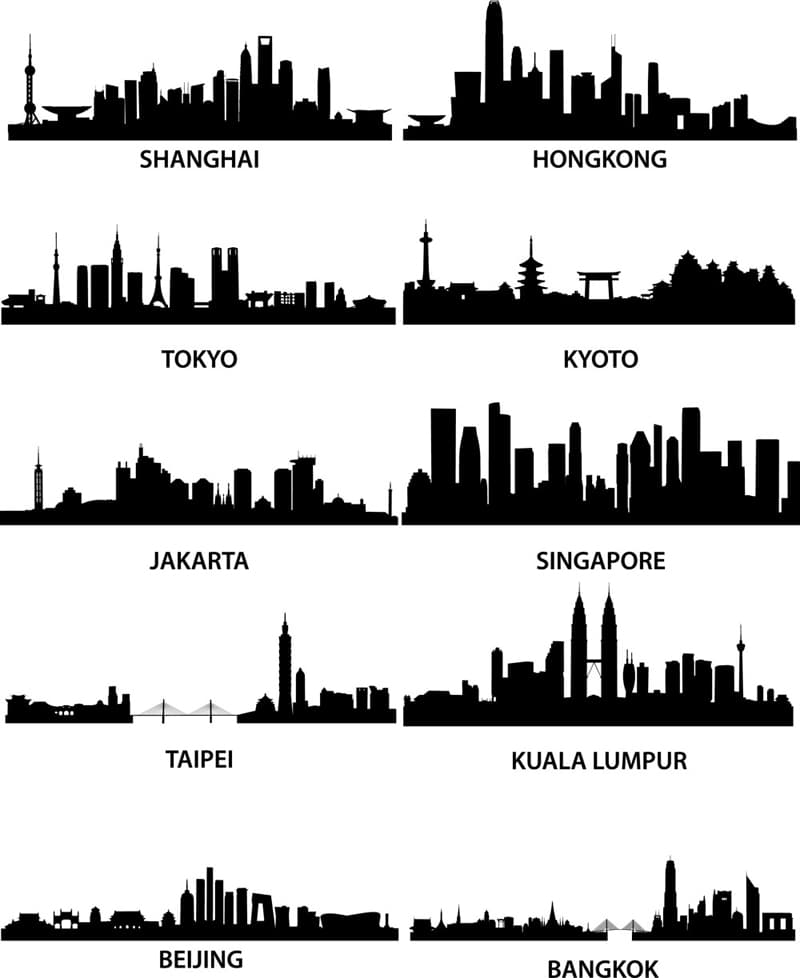 Asian Cities Skyline Silhouette Collection Vector Files