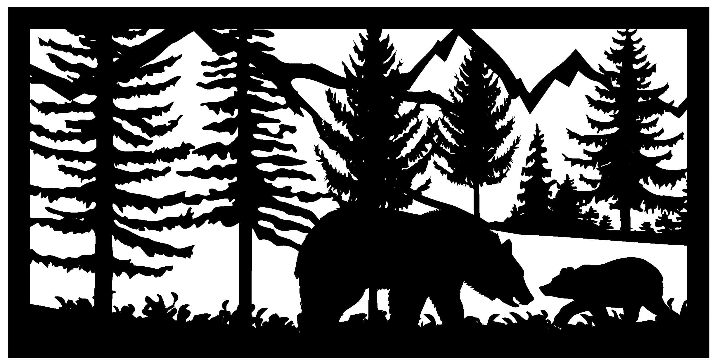 Bear and Cub Forest Mountain Scene Vector DXF File