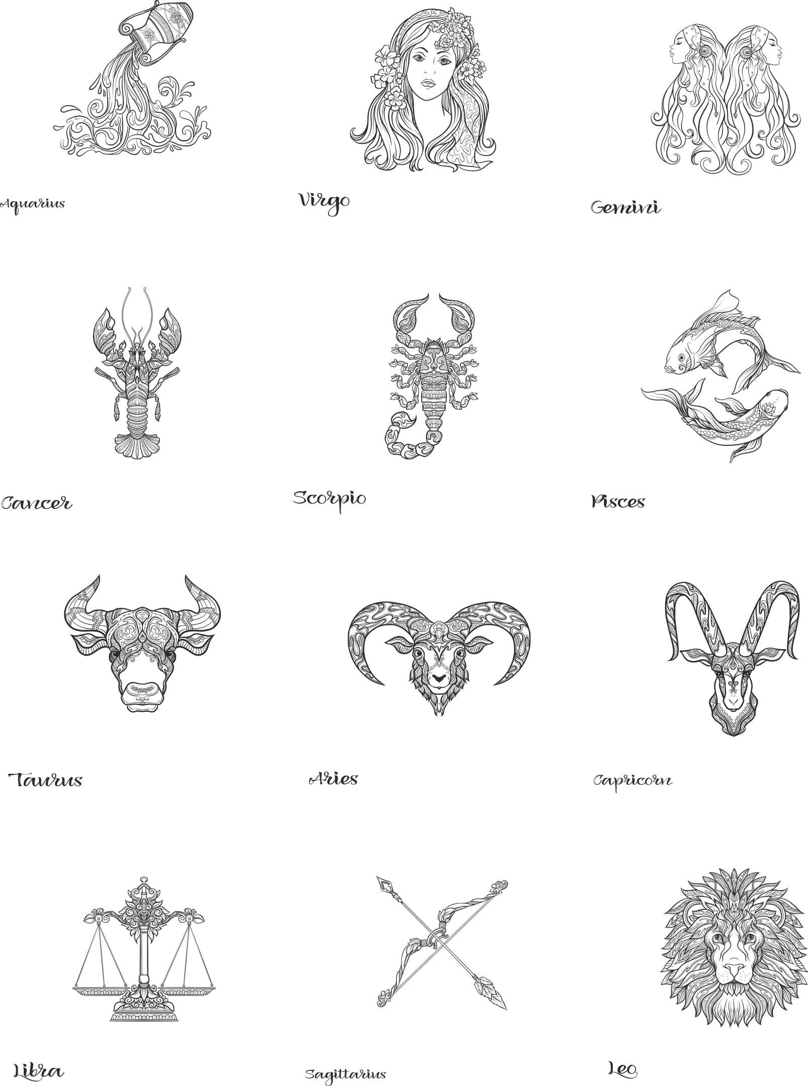 Complete Zodiac Signs Vector Collection - DXF, SVG, AI Files