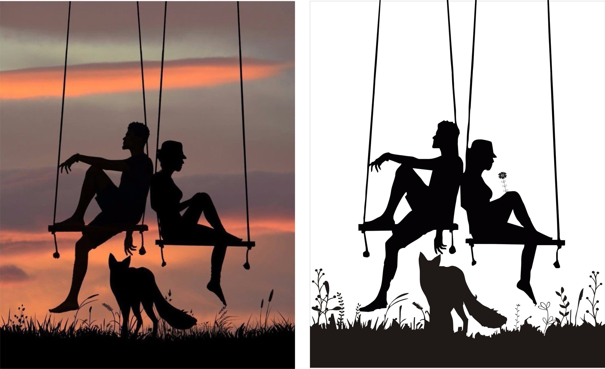 Couple on Swings with Fox Silhouette Laser Cut Vector