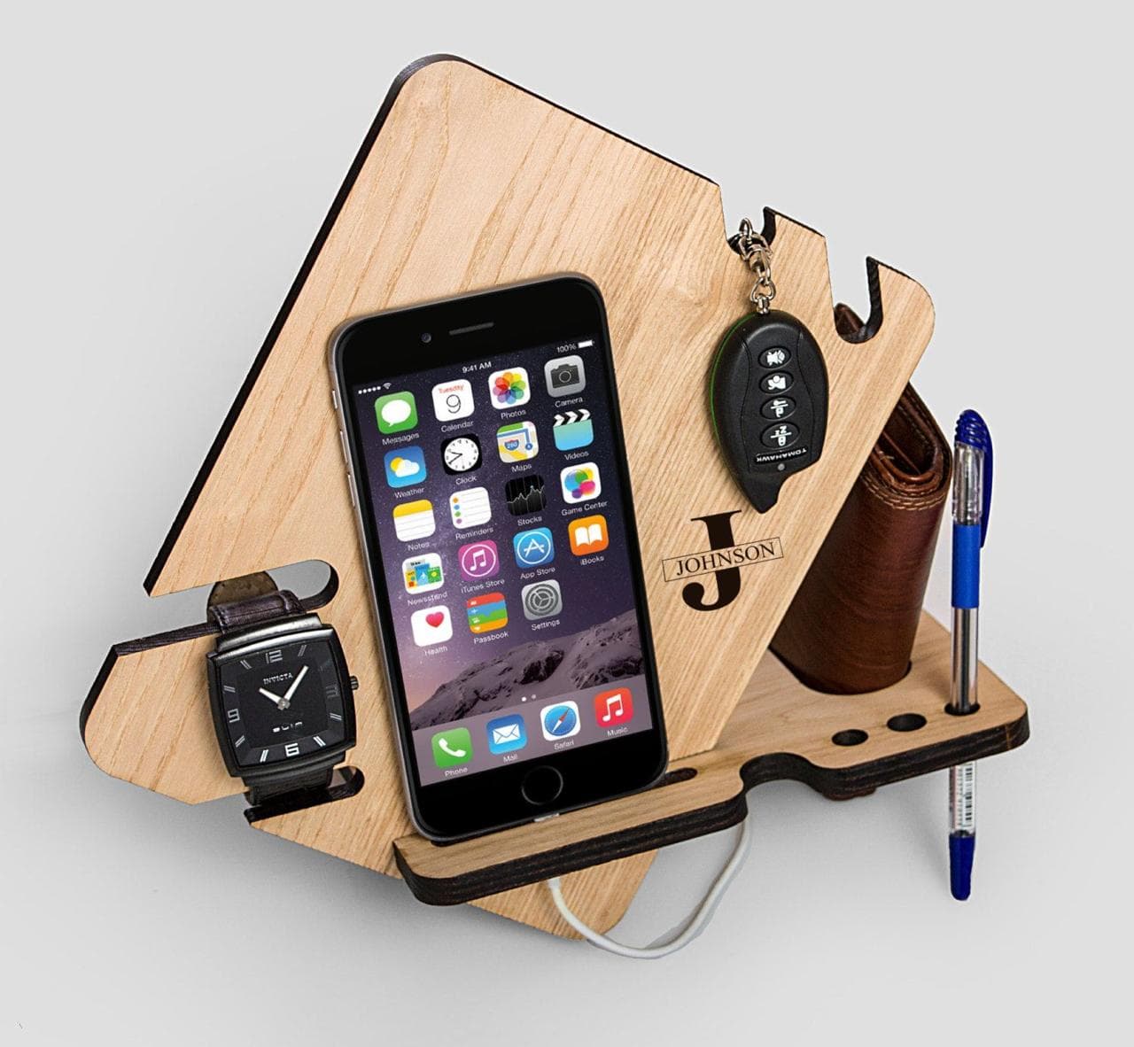 Custom Wooden Desk Organizer and Phone Docking Station Vector