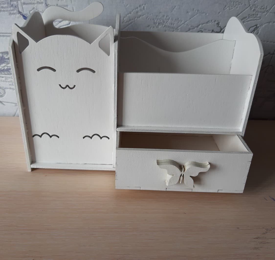 Cute Cat Desk Organizer with Drawer Laser Cut Vector File