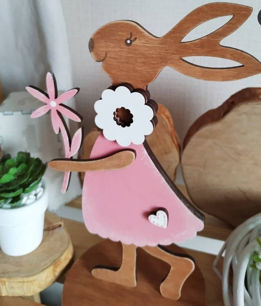 Cute Standing Bunny with Flower Laser Cut Vector Design