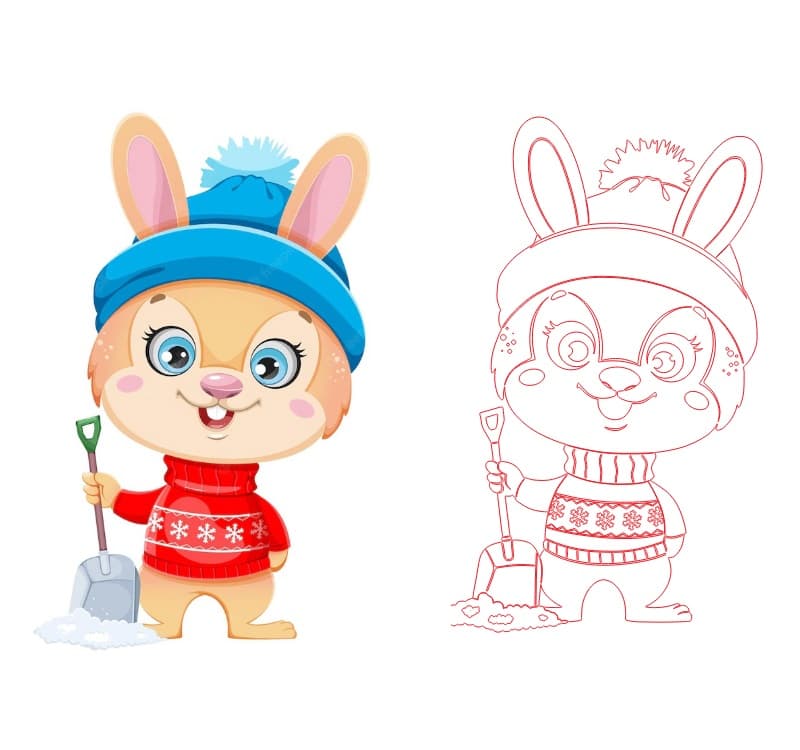Cute Winter Bunny with Shovel Vector Design for Laser Cutting