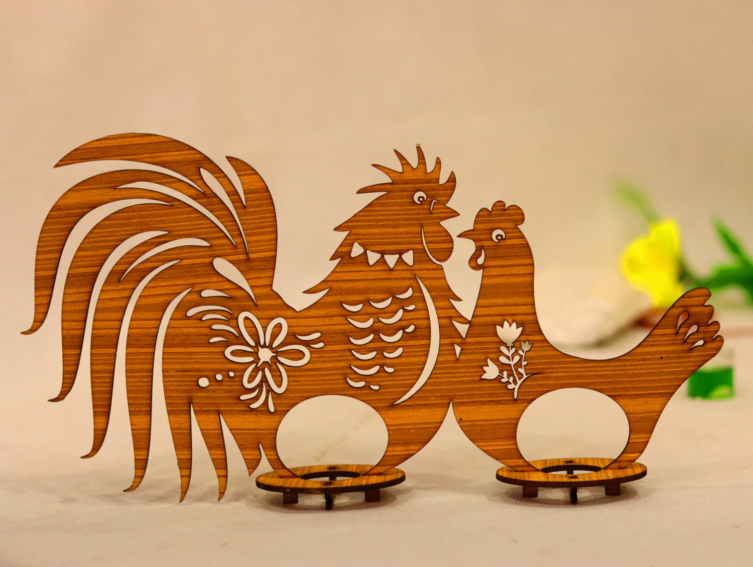 Decorative Rooster and Hen Egg Holder Laser Cut Vector