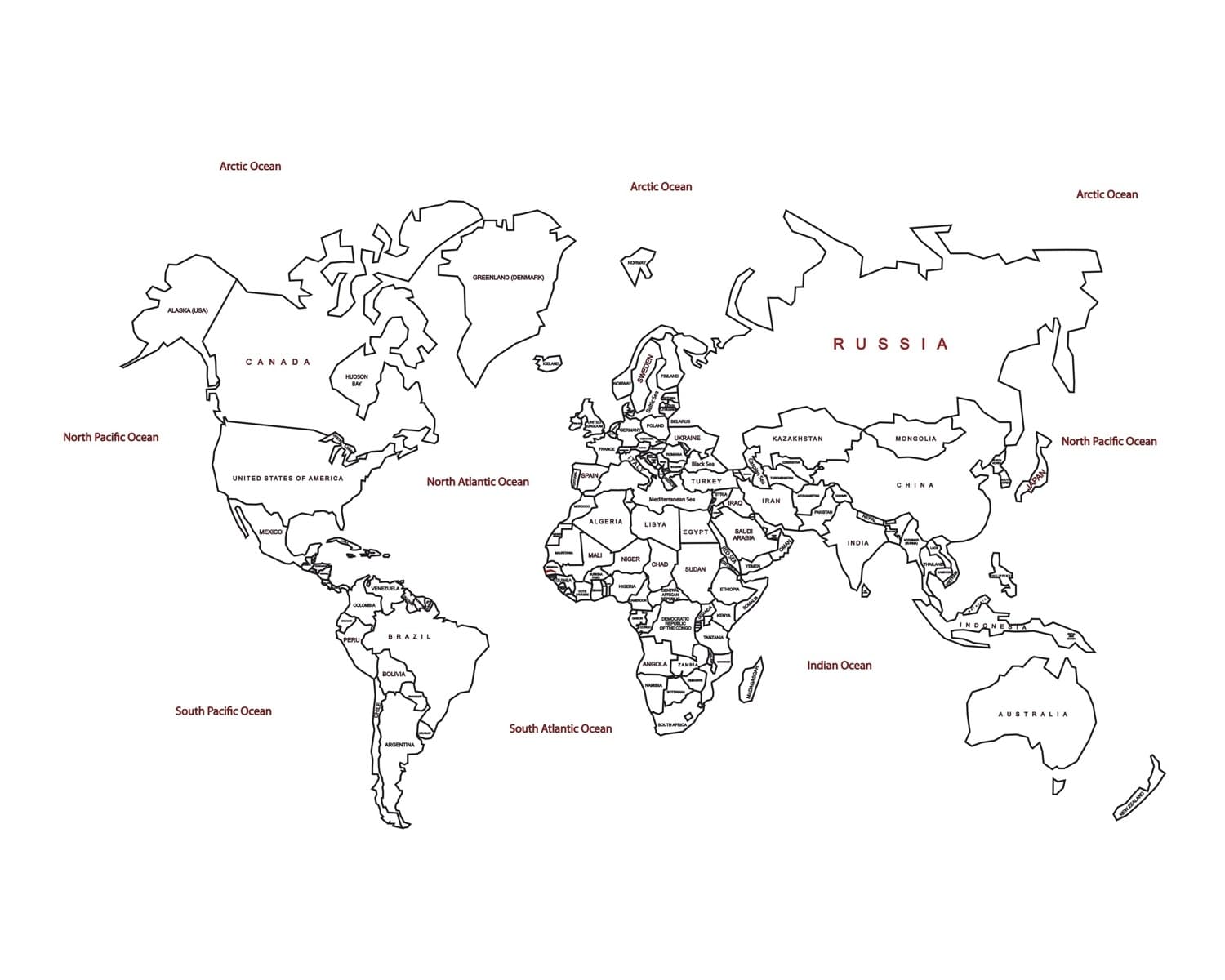 Detailed World Map with Country Names Laser Cut Vector File
