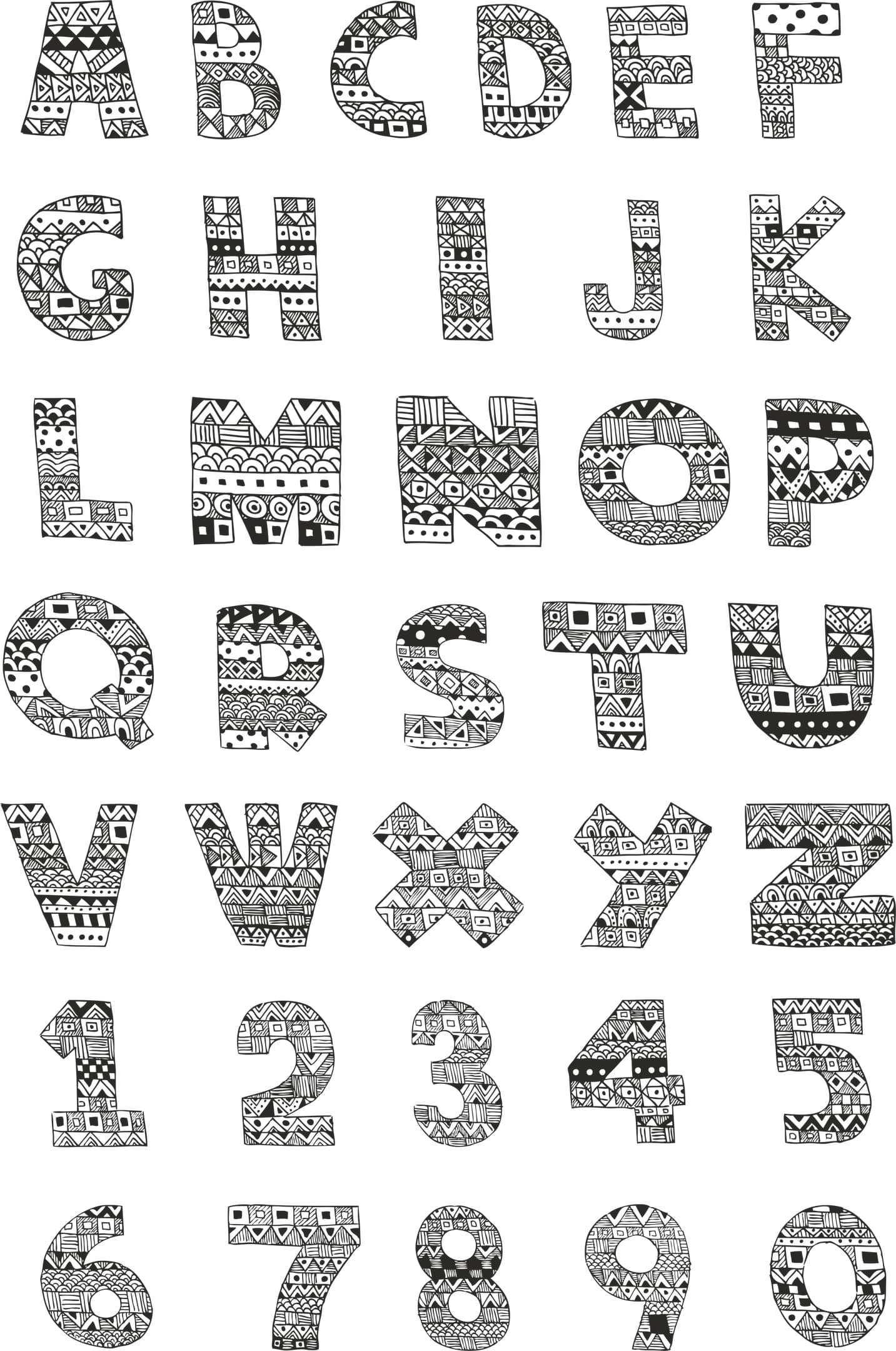 Doodle Pattern Alphabet and Numbers Vector Set for Laser Cutting