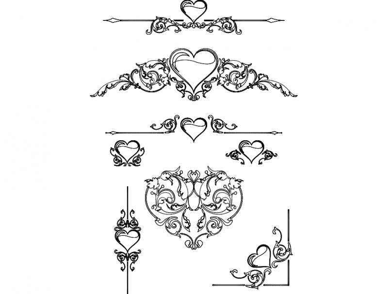 Elegant Heart Flourish Ornaments Vector DXF File