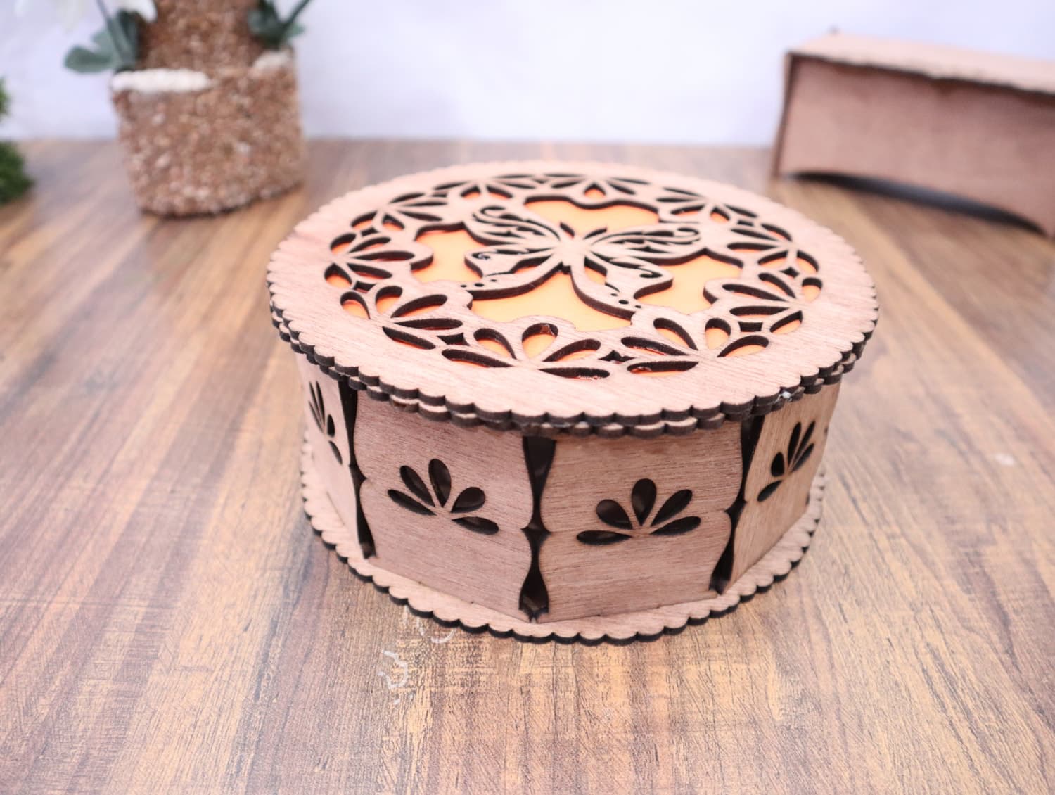 Elegant Laser Cut Round Gift Box with Butterfly Lid Vector