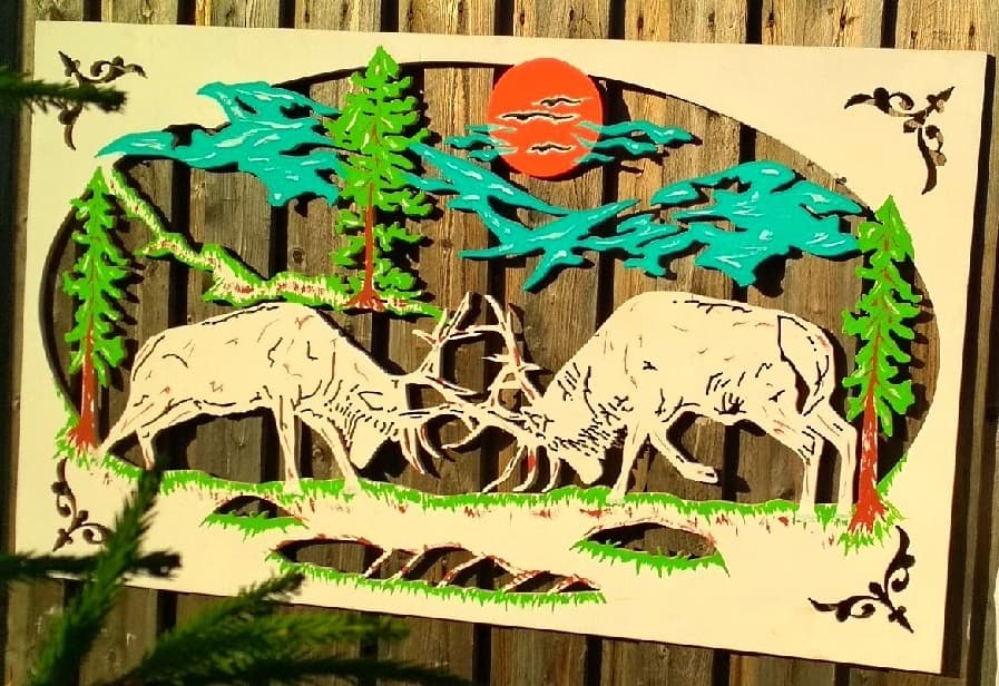 Fighting Elk Forest Scene Vector Laser Cut DXF File