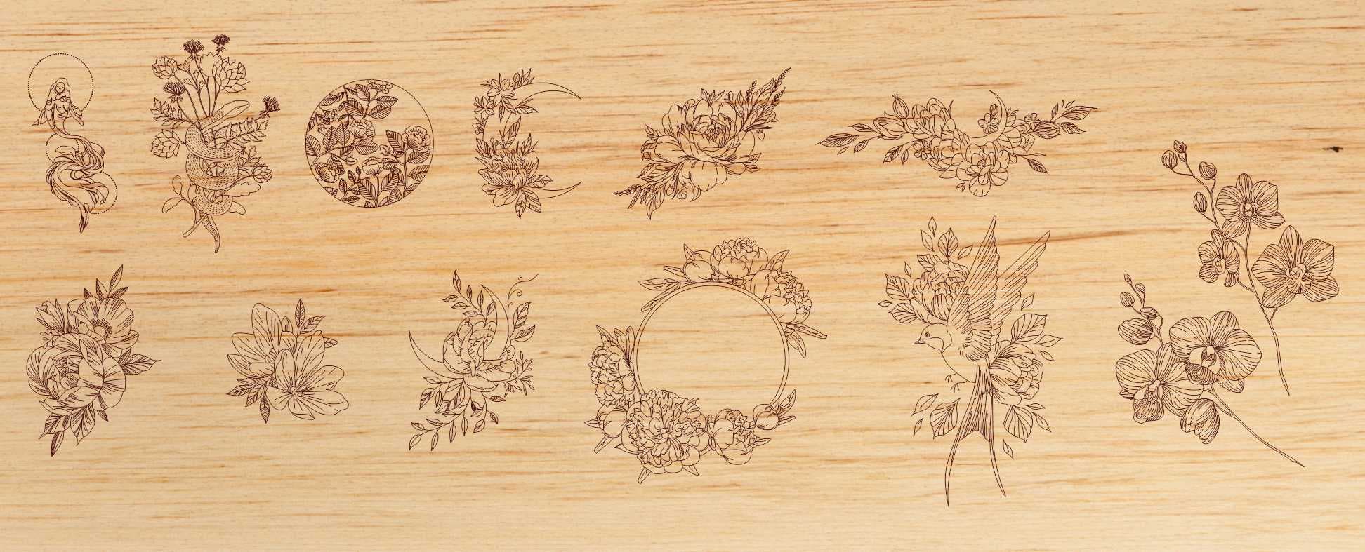Floral Botanical Line Art Collection Vector for Laser Engraving