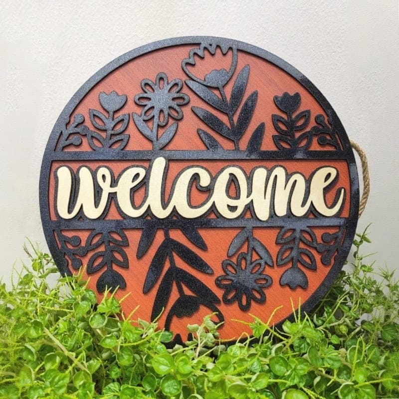 Floral Welcome Round Sign Laser Cut Vector File