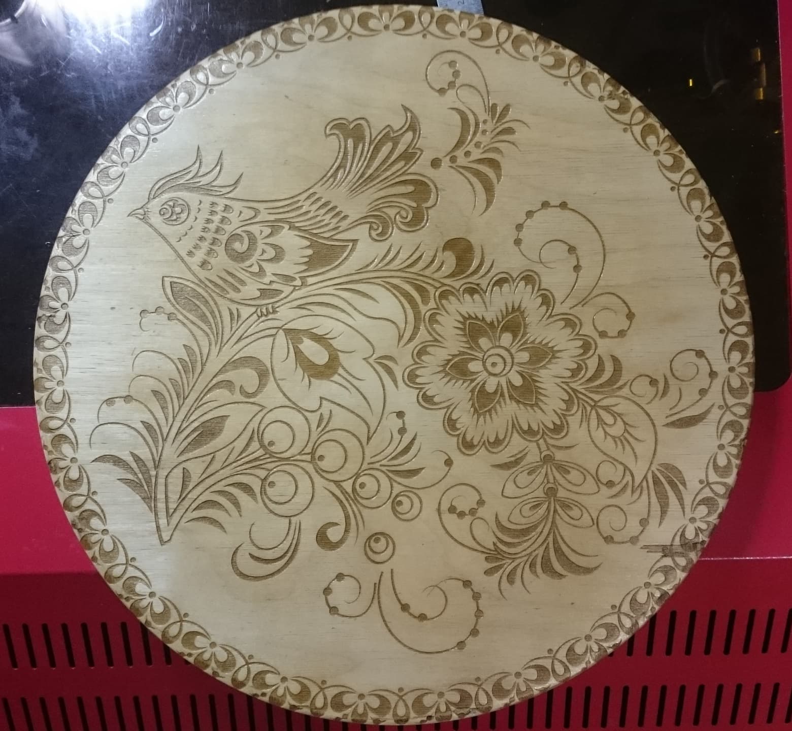 Folk Art Bird and Floral Round Plaque Laser Engraving Vector