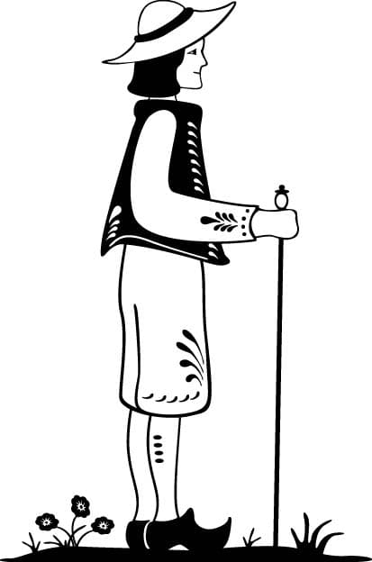 Folk Woman Standing with Walking Stick Vector Design