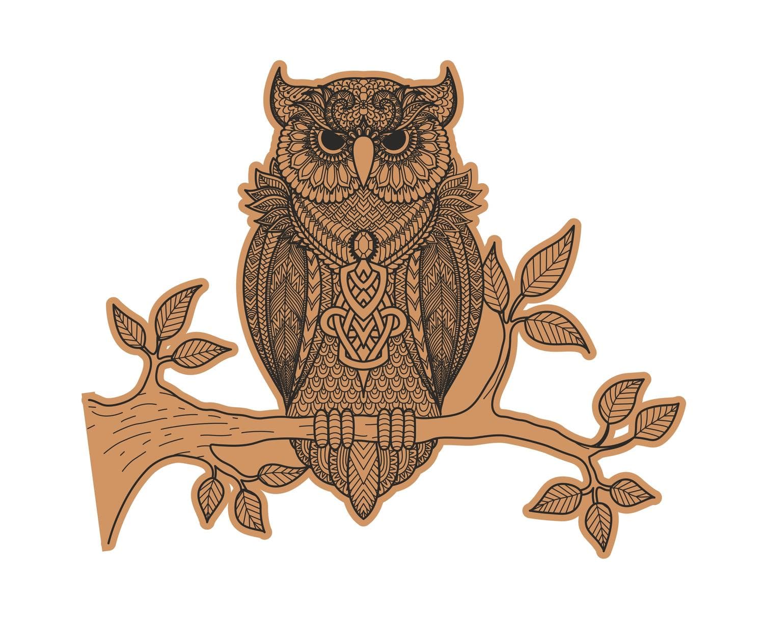 Intricate Mandala Owl on Branch Laser Cut Vector File