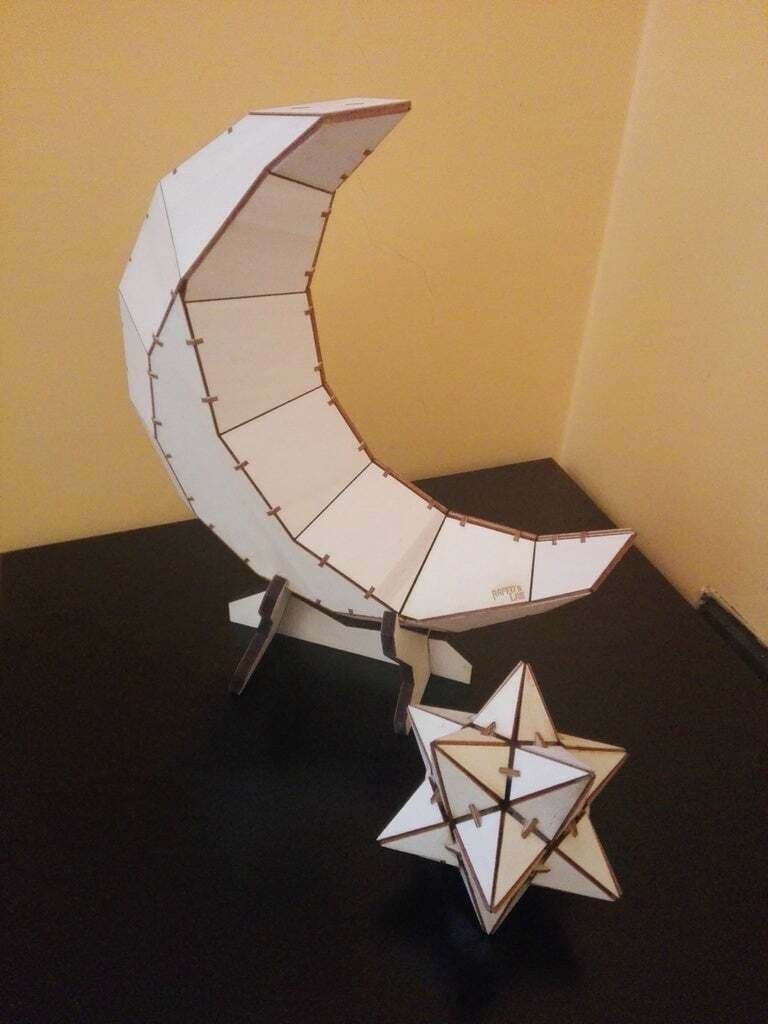 Low Poly Moon and Star 3D Puzzle Vector File for Laser Cutting