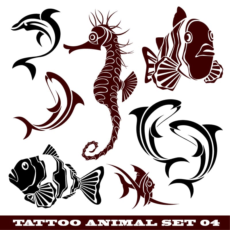 Marine Life Tattoo Style Vector Set - Free SVG DXF Files