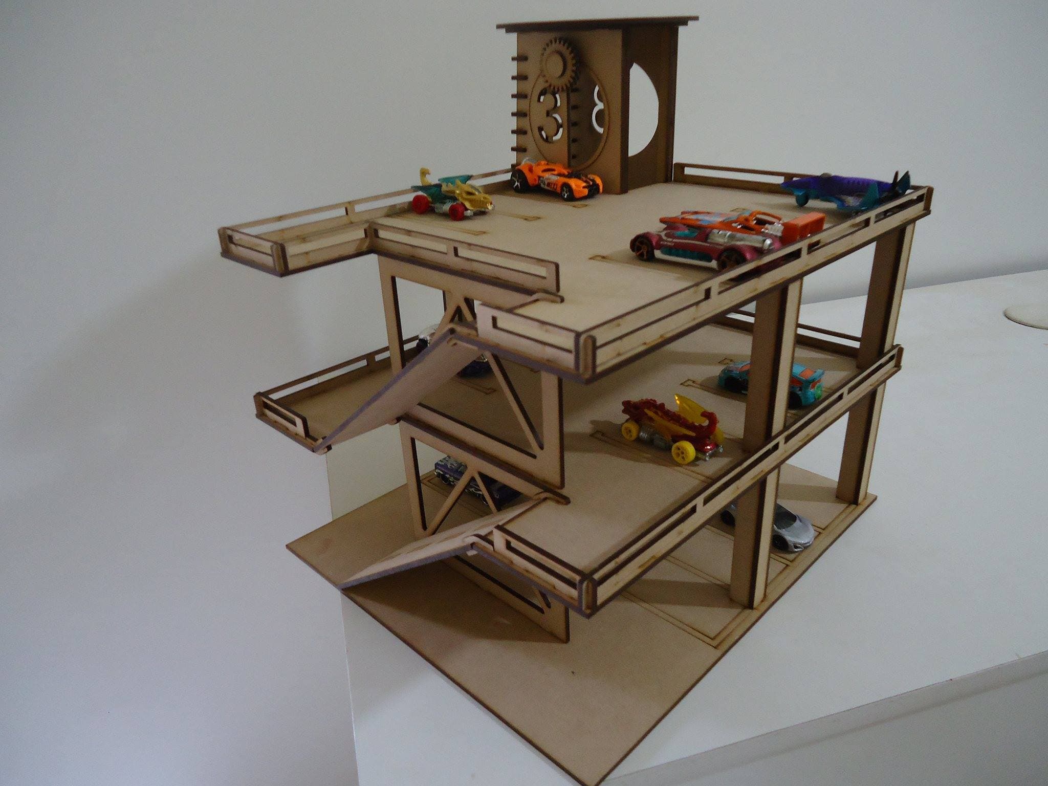 Multi-Level Wooden Garage Play Station with Clock Tower
