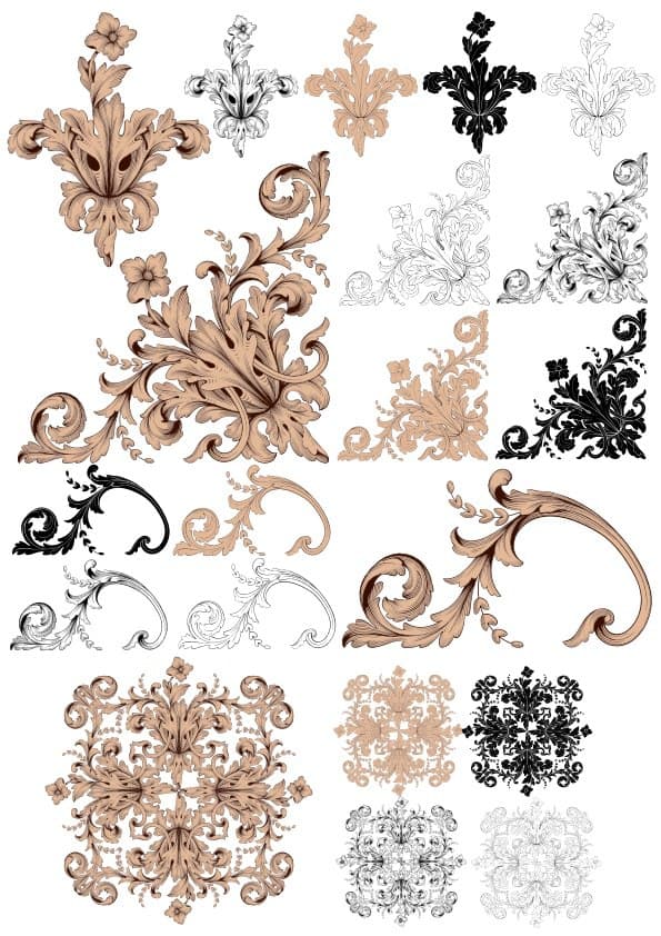 Ornate Baroque Floral Corner & Ornament Set Vector DXF CDR