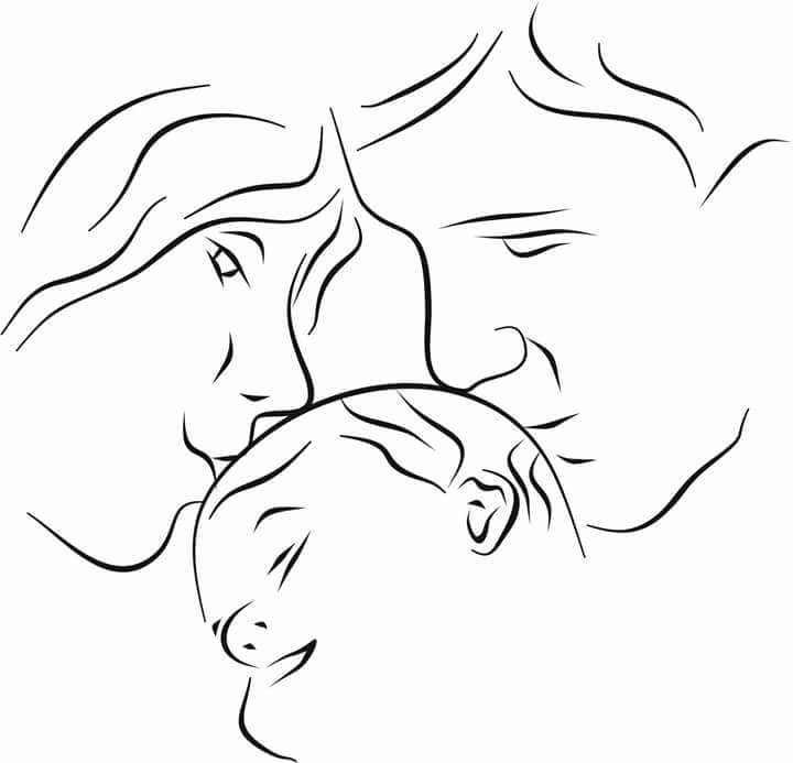Parents Kissing Baby Line Art Vector File for CNC