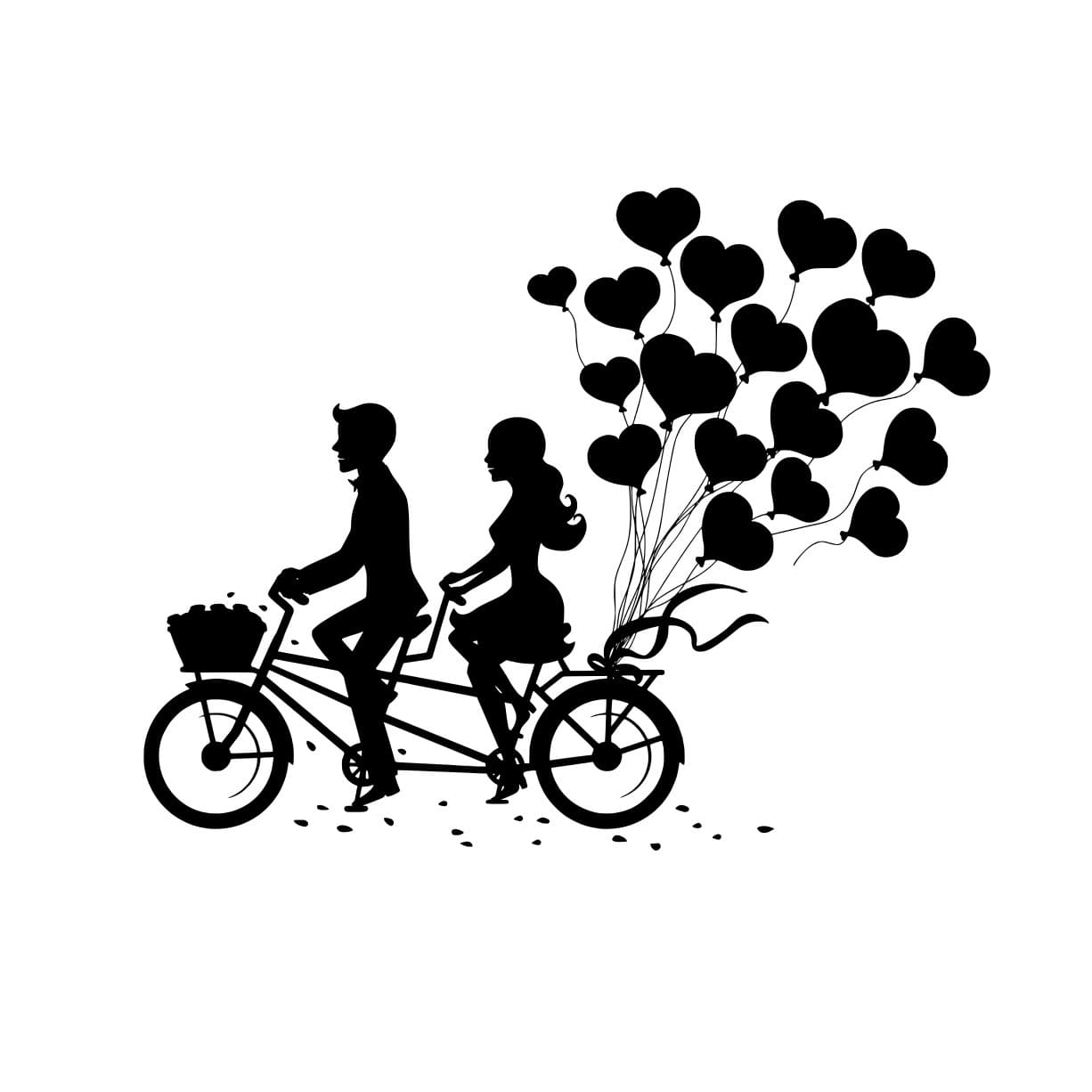 Romantic Couple on Tandem Bike with Heart Balloons Vector File