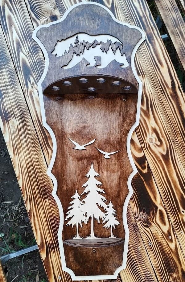 Rustic Bear and Forest BBQ Skewer Wall Rack Vector DXF File