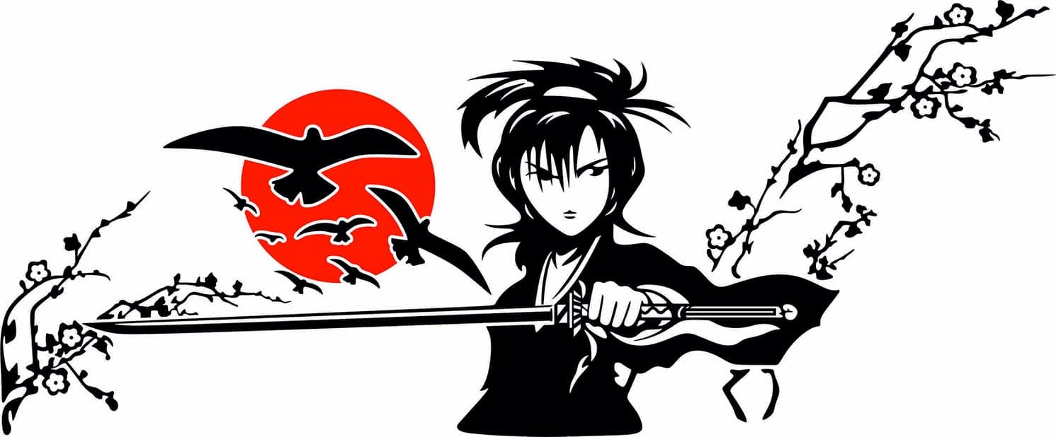 Samurai Warrior with Sakura and Birds Vector Design