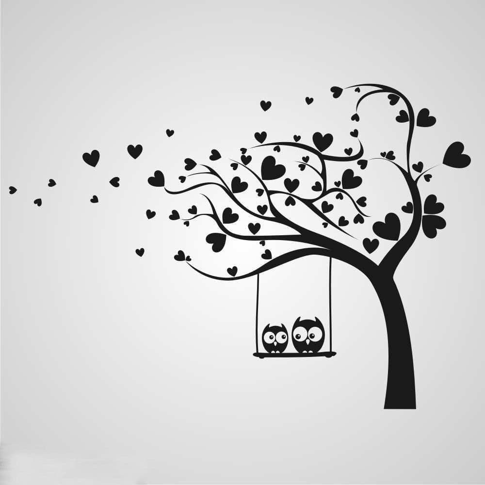 Valentine Tree with Owls on a Swing Vector Design