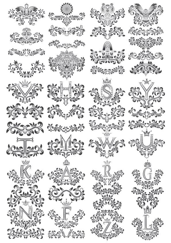 Victorian Floral Monogram Alphabet Vector Set for Laser Cutting